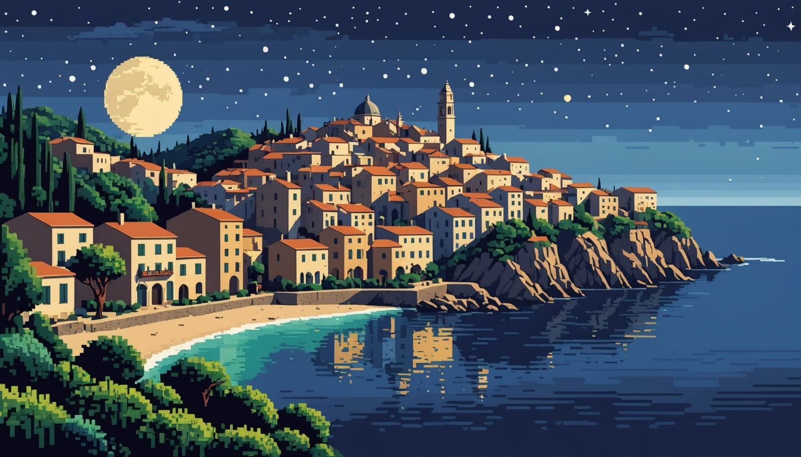 Geometric Pixel Art of Mediterranean Town