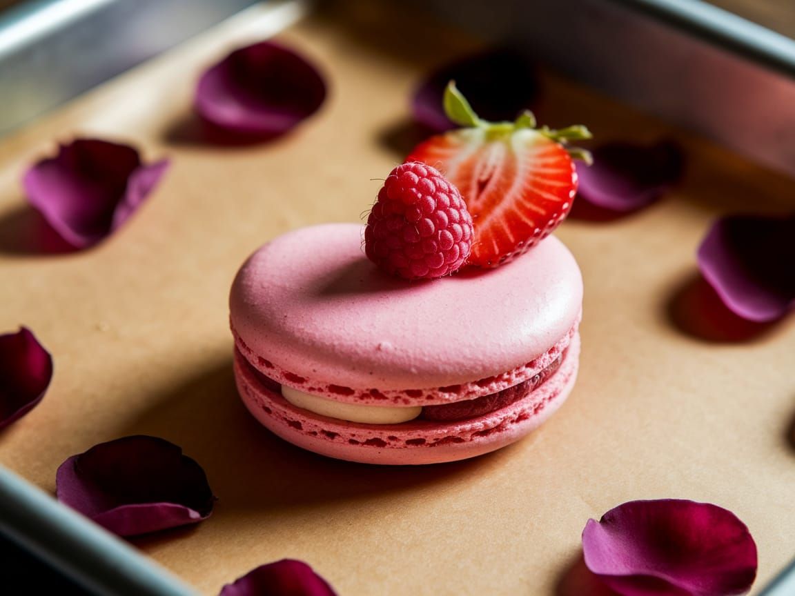 Romantic Pink Macaron with Fresh Fruit and Rose Petals