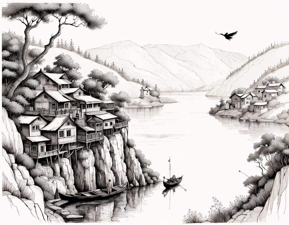 Detailed Ink Line Drawing of Cliffside Village