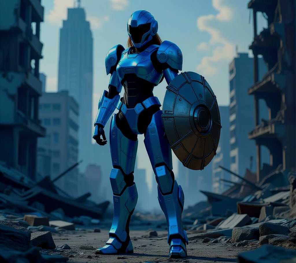 Female Mech Warrior in Ruined Cyberpunk City