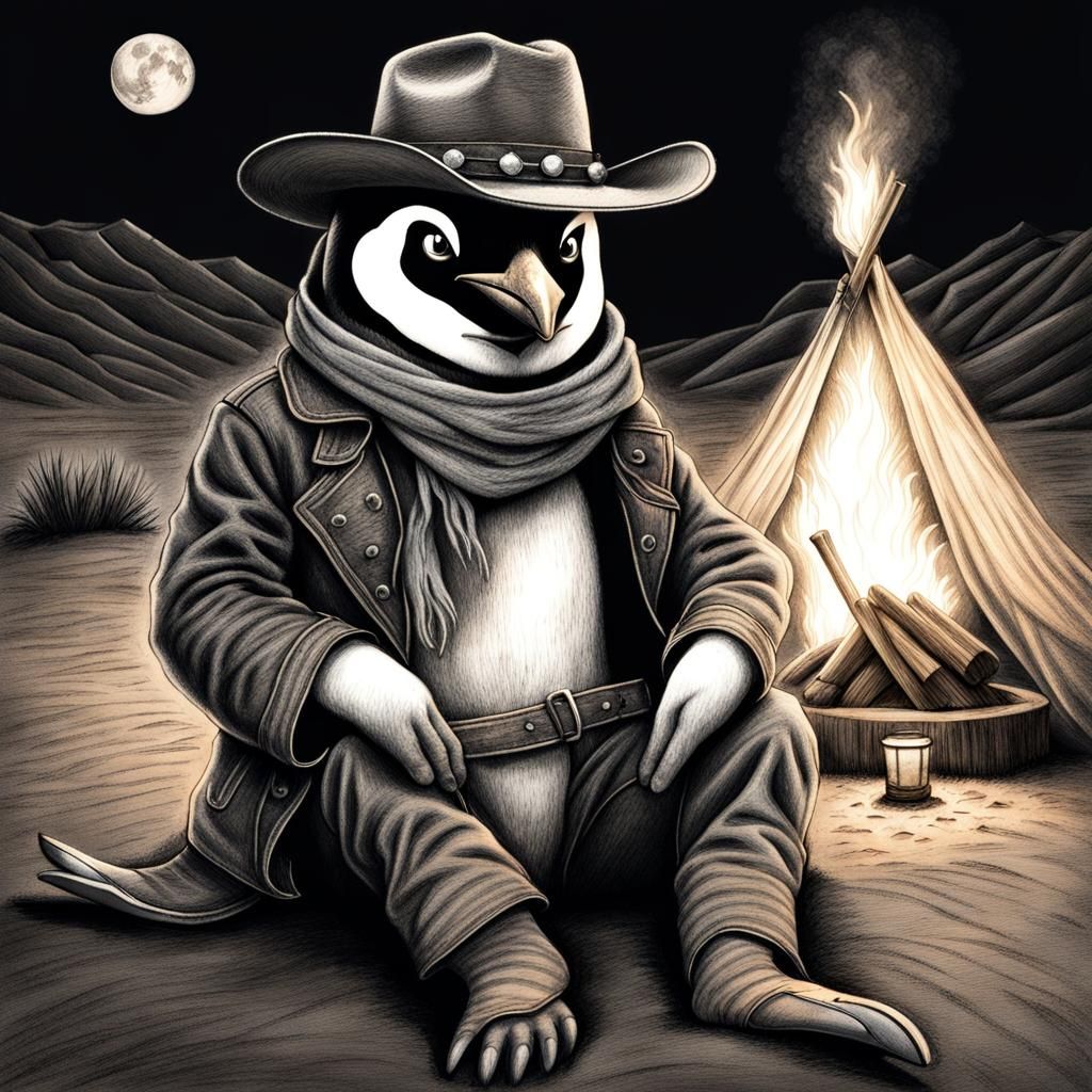 Penguin Cowboy at Desert Campfire: Charcoal Drawing