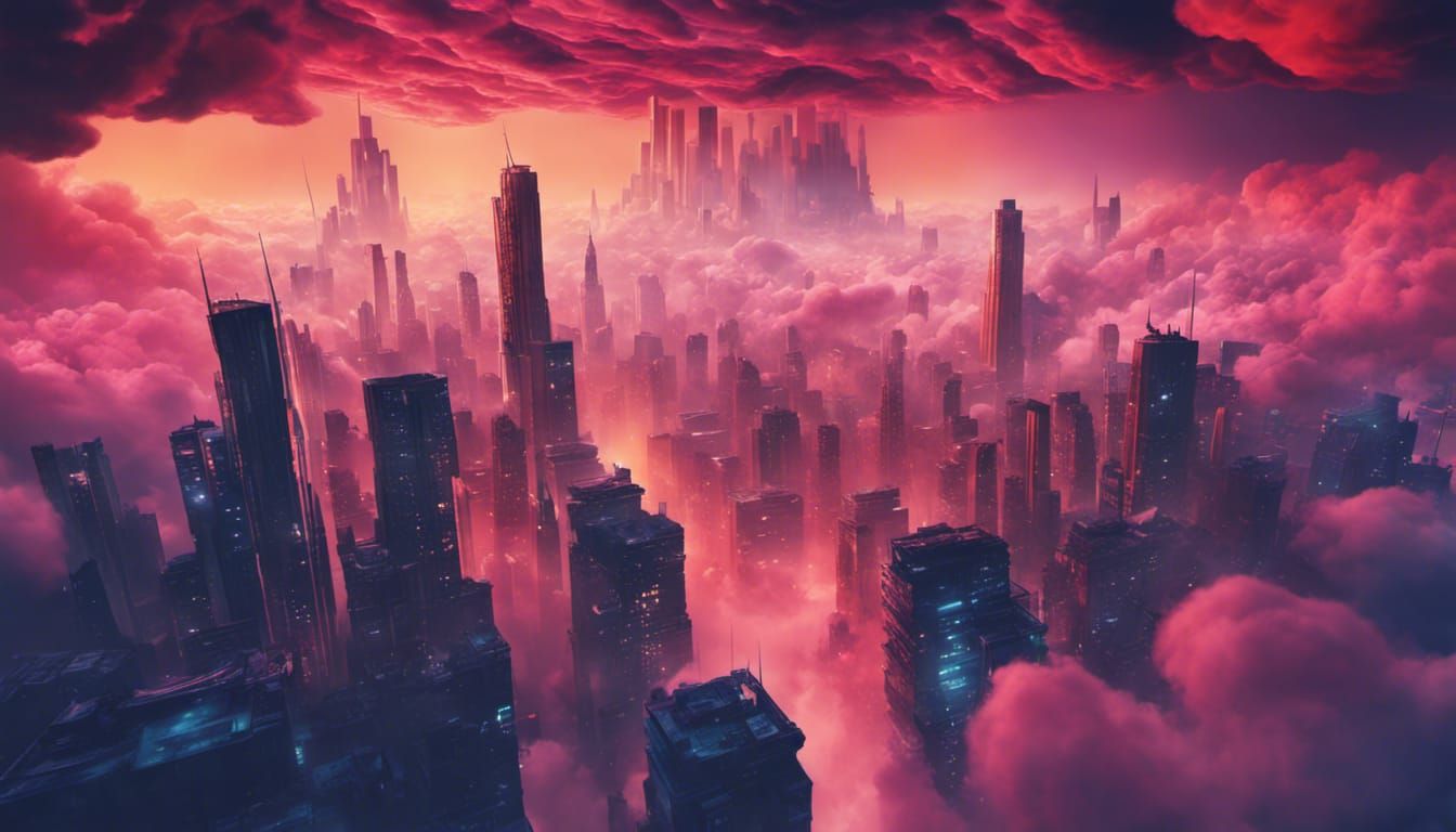 Dystopian City Floating on Clouds in Art Deco Style