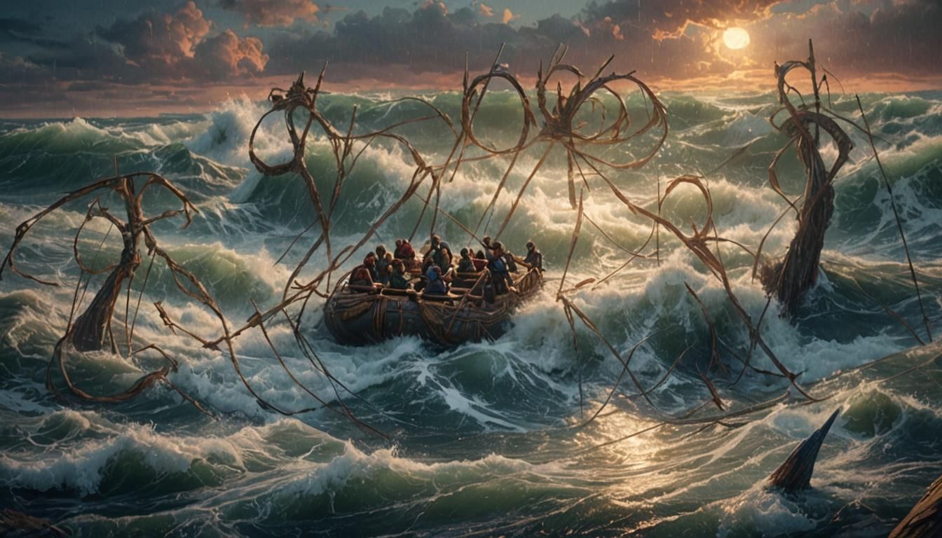 Perilous Raft Journey on a Stormy Sea