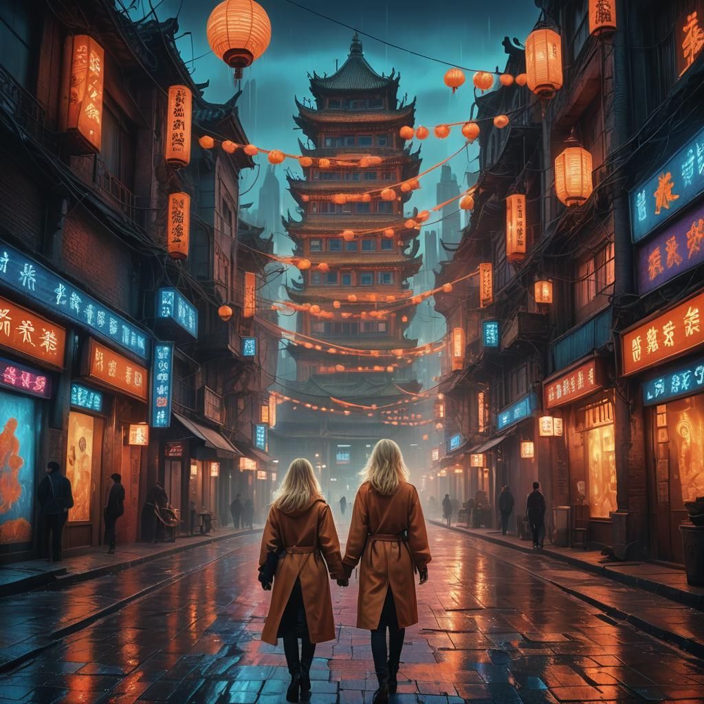 Blonde Girl in Fantastical Shanghai Streetscape