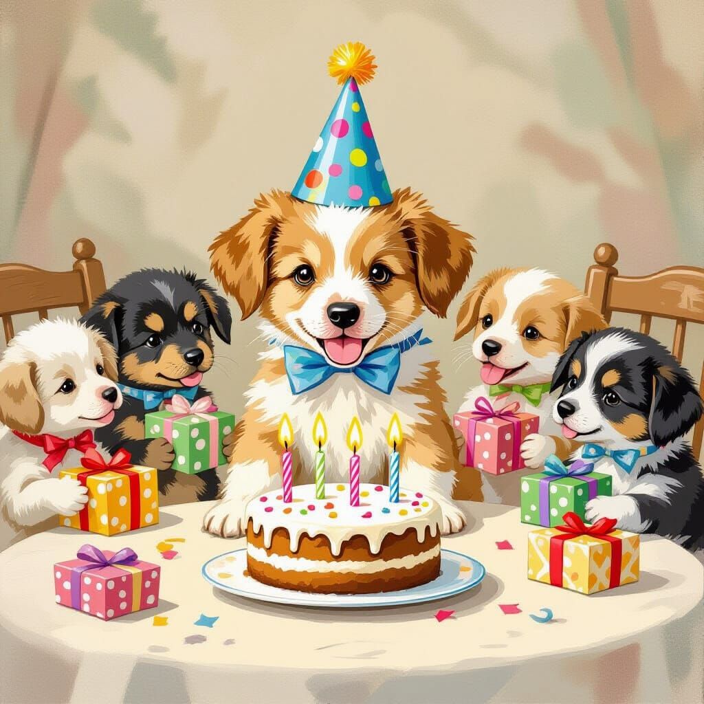 Party Puppy in Beatrix Potter Style with Colorful Gifts