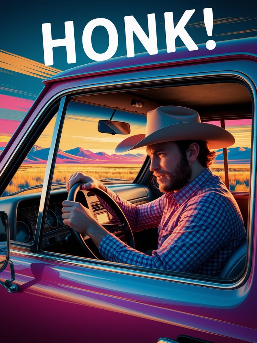 Frustrated Cowboy in Truck, Hyper-Detailed Photo
