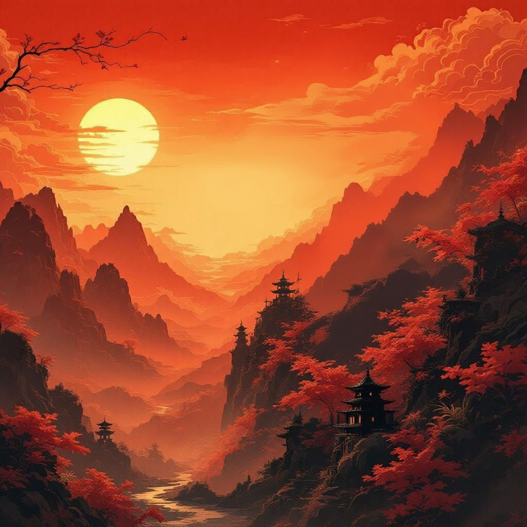 Fiery Red Chinese Landscape with Dragon Silhouette