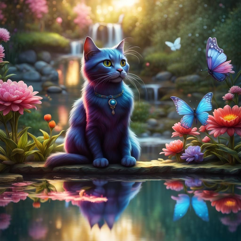 Ebony, familiar relaxing near the sacred pools