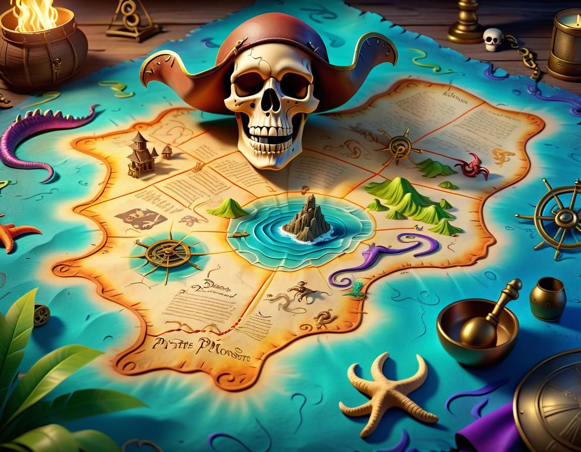 Colorful Pirate Treasure Map with Skull Island