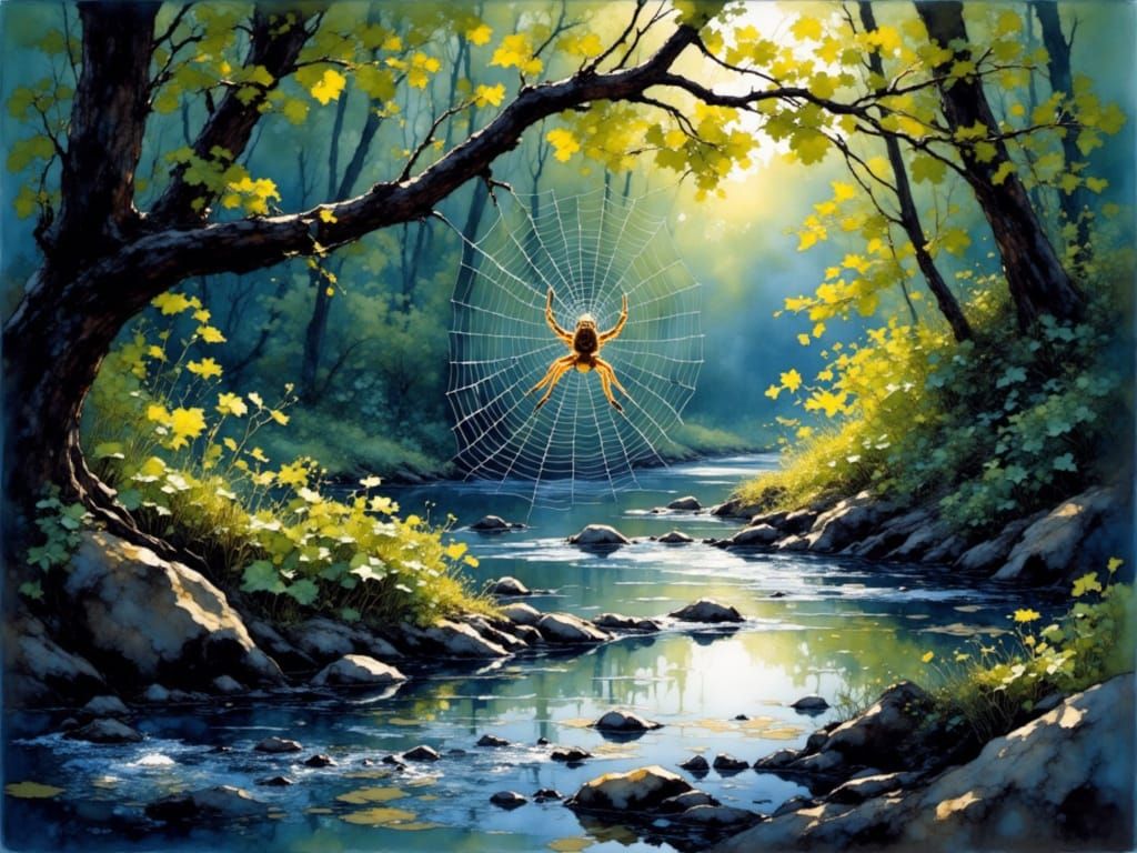 Fantasy Ink Art of Spiderweb and Waterbug