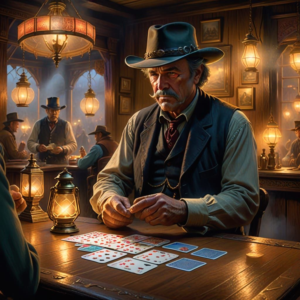 Gambler in Misty Saloon: Kinkade Style Oil Painting