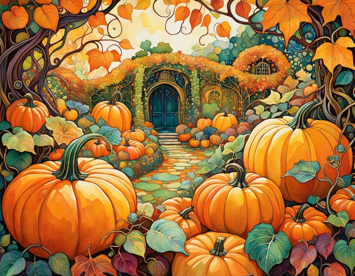 Mystical Autumn Garden with Pumpkins: Detailed Illustration
