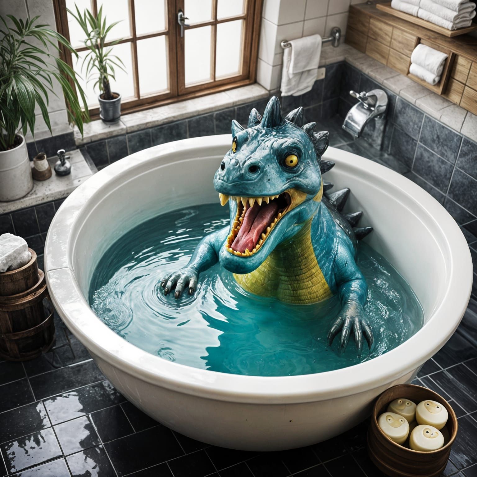 Prehistoric Dino Unwinds in a Soothing Jacuzzi Oasis