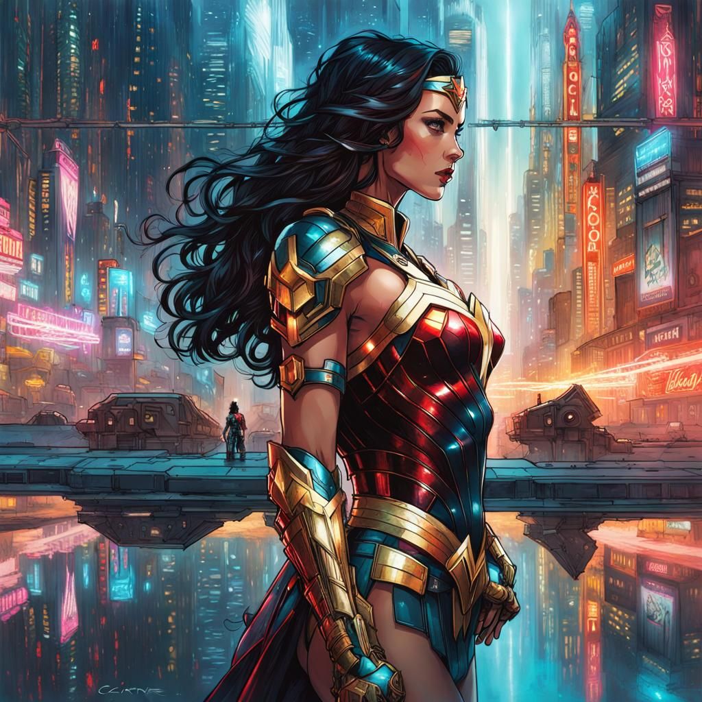 Wonder Woman in Cyberpunk Robotic Armor