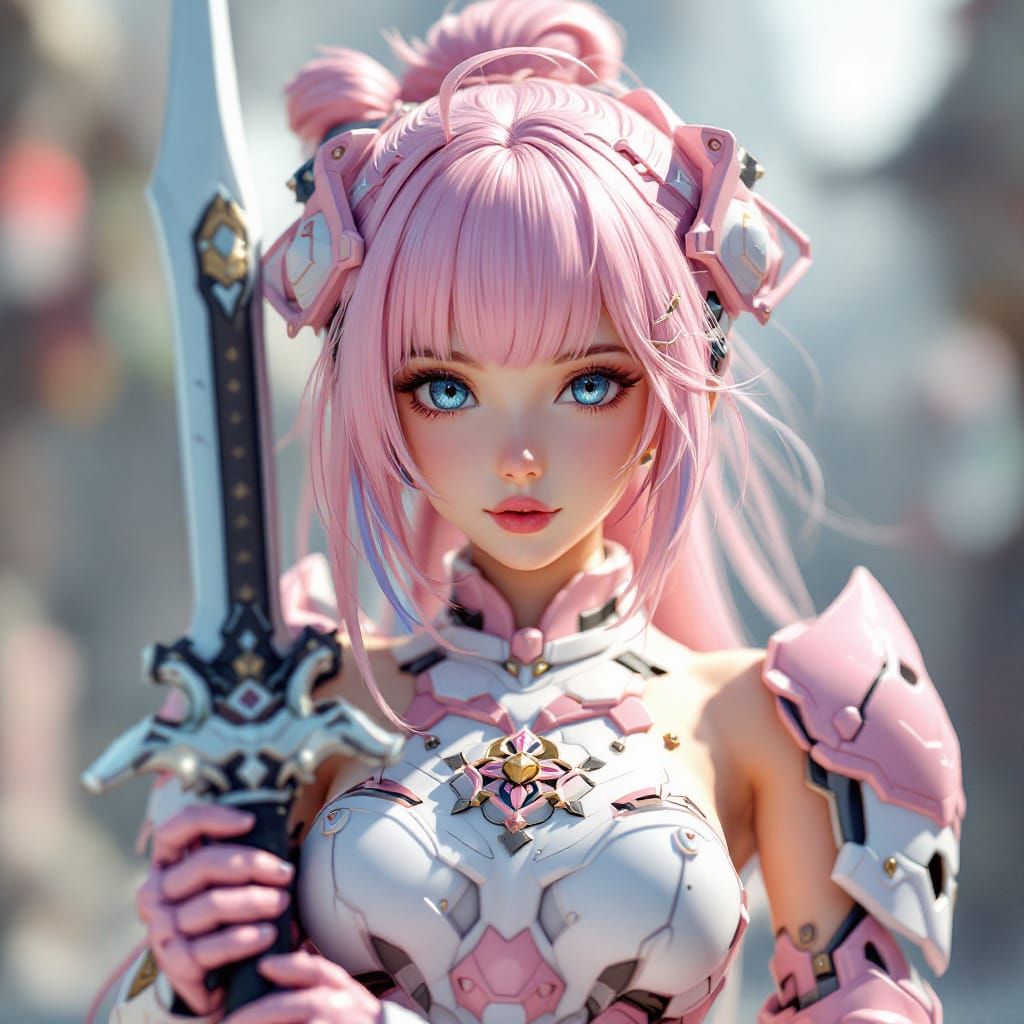 Cute Mecha Girl with Pastel Armor Holding Sword