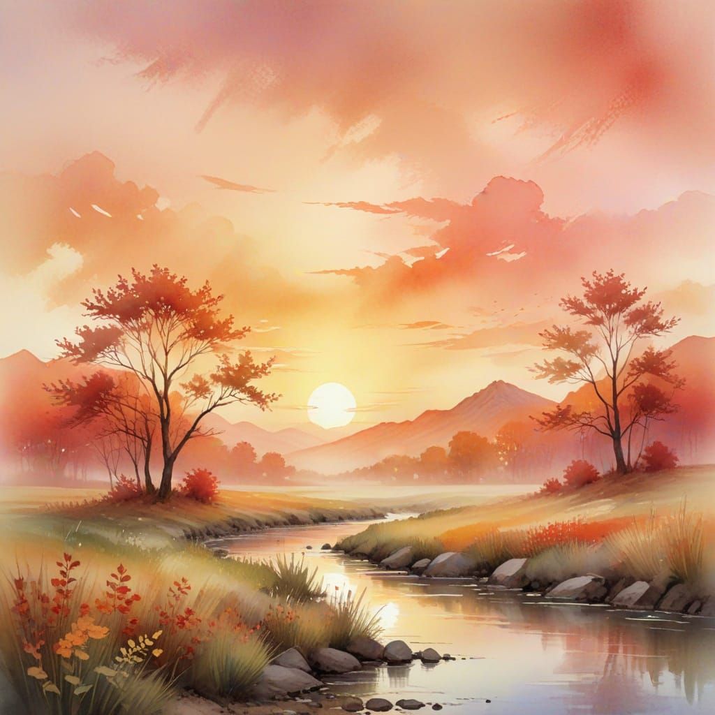 Peaceful Landscape with Dreamy Lighting in Watercolor