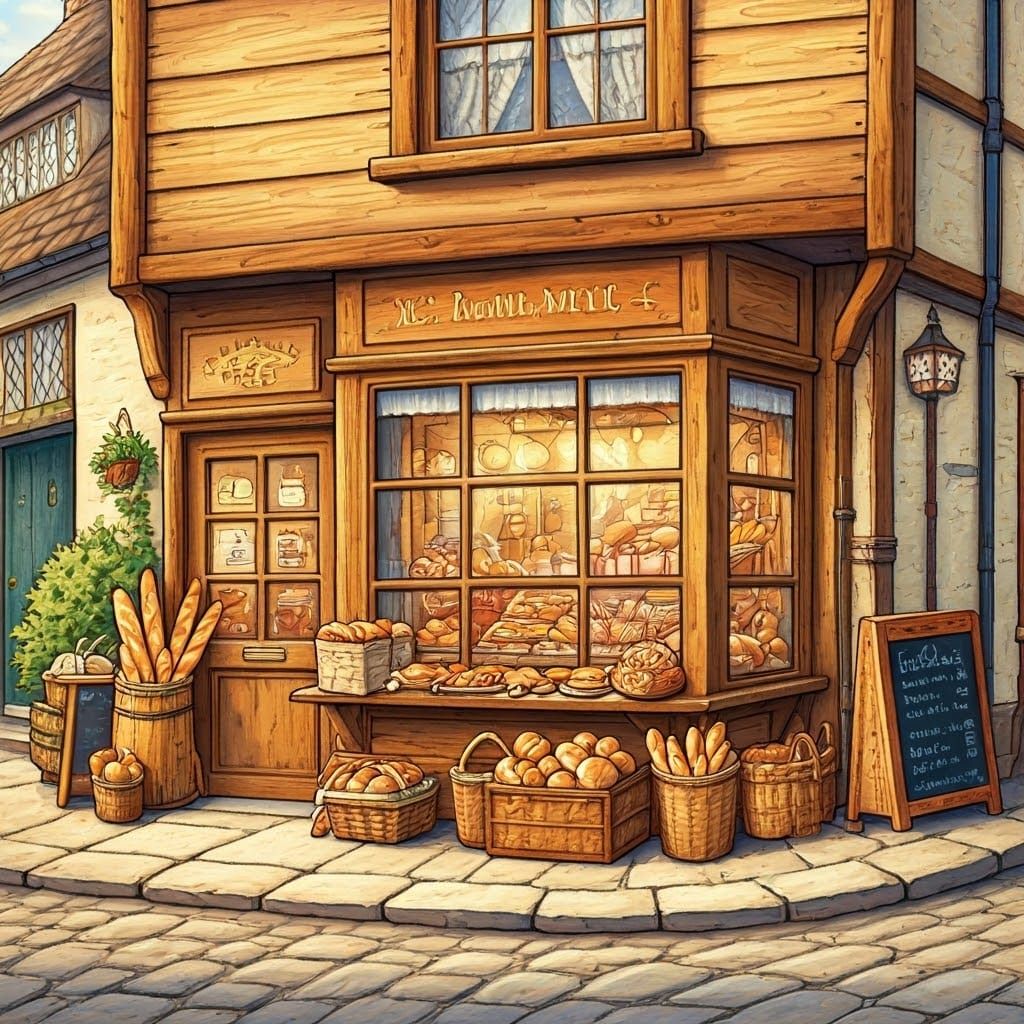Rustic Bakery Scene in Vibrant Colors, Gouache Swirls
