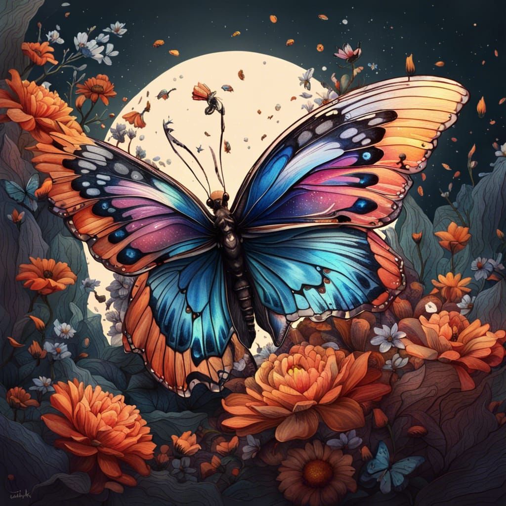 Butterfly on Floral Crescent, Hyperrealistic Digital Art