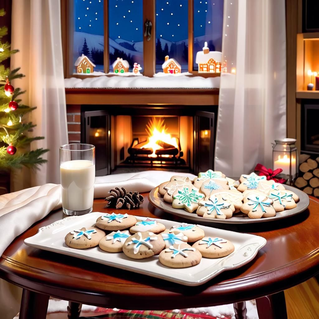 Christmas Cookies and Milk by Fireplace at Night