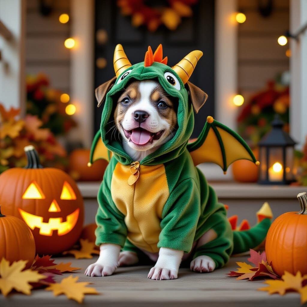 Pitbull Puppy in Dragon Costume with Halloween Porch