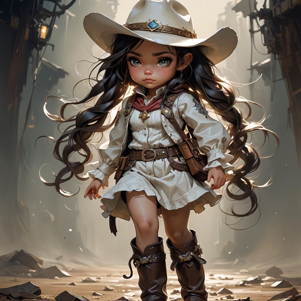 Adorable Chibi Cowgirl with Ringlet Ponytails