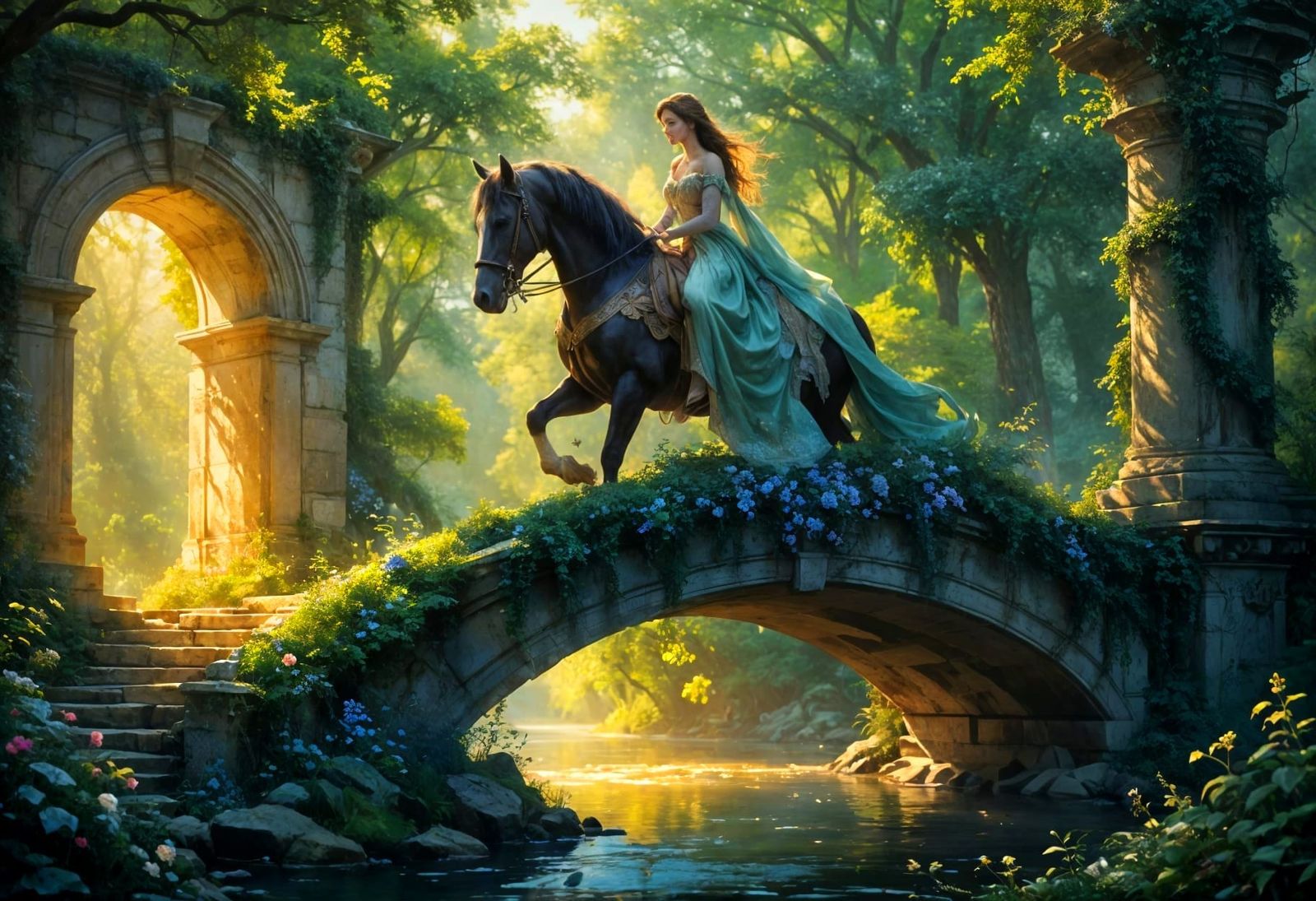 Princess on Horseback on Stone Bridge in Magical Forest