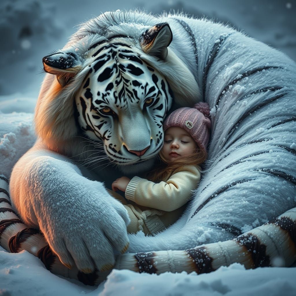 Girl and Snow Tiger in Winter Storm