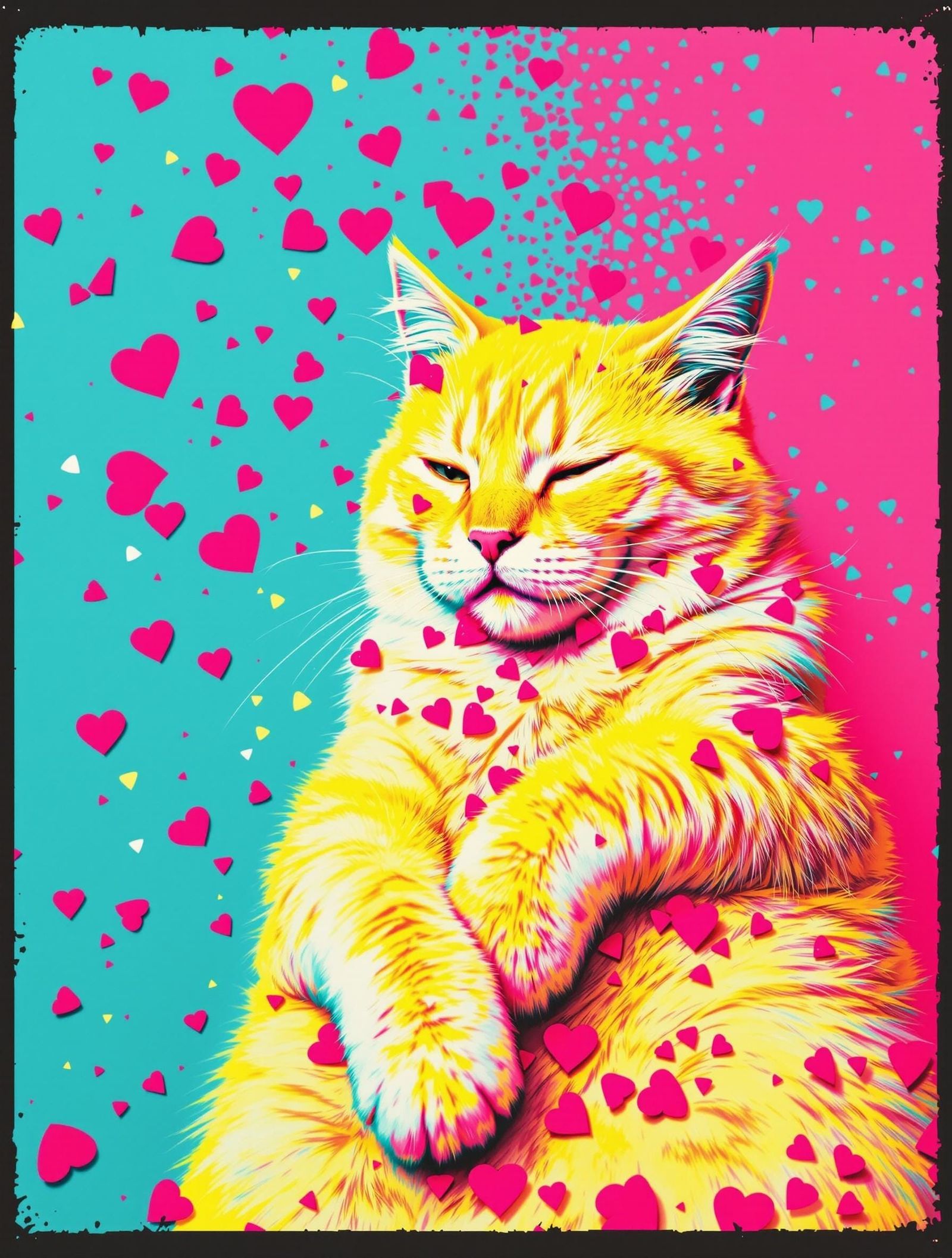 Sultry Pop Art Cat in Vibrant Pink, Yellow, and Turquoise