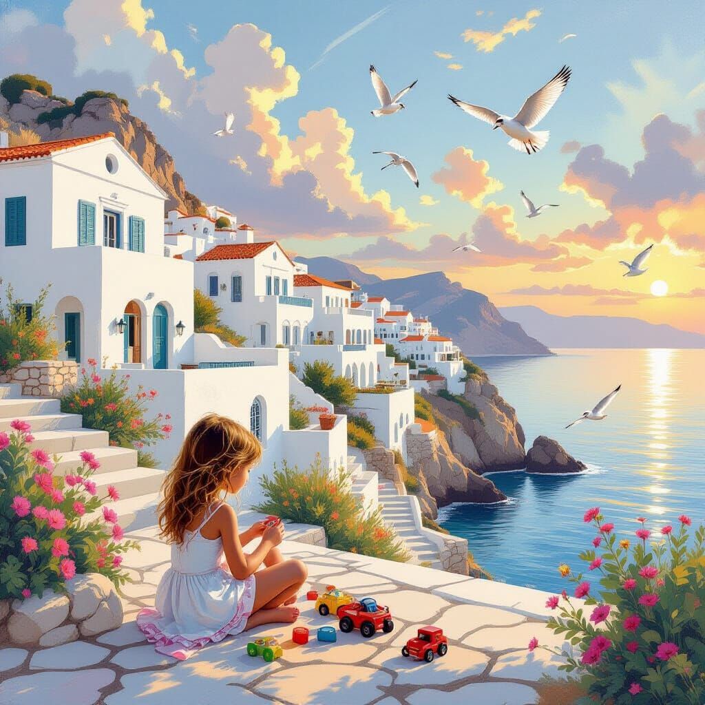 Greek Seaside Scene: Hyperrealistic Art with Soft Hues