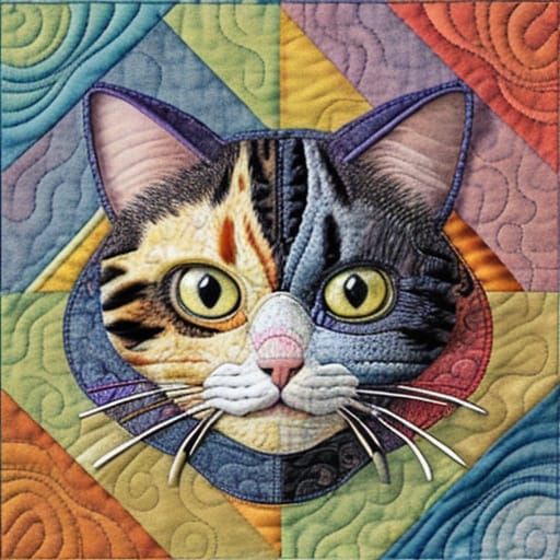 Vibrant Quilted Cat Face in Bold Colors and Intricate Stitch...
