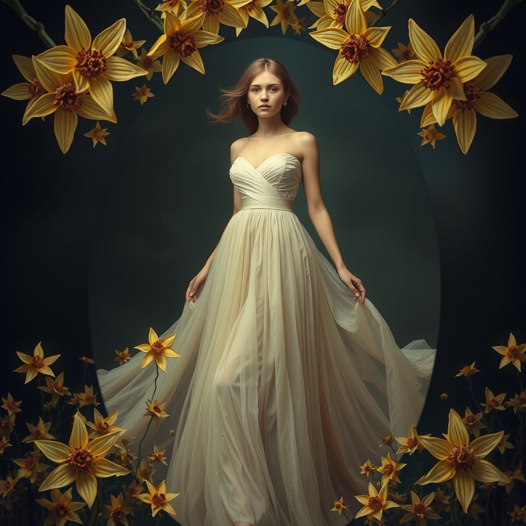 Dreamlike Woman Surrounded by Star Flowers