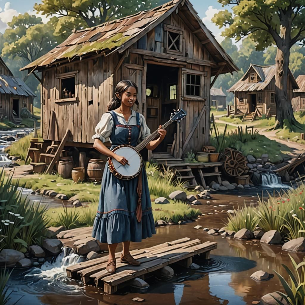 Woman Playing Banjo in Watercolor Style