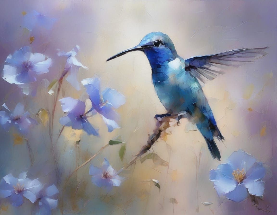 Blue Hummingbird Among Translucent Flowers in Purple Light