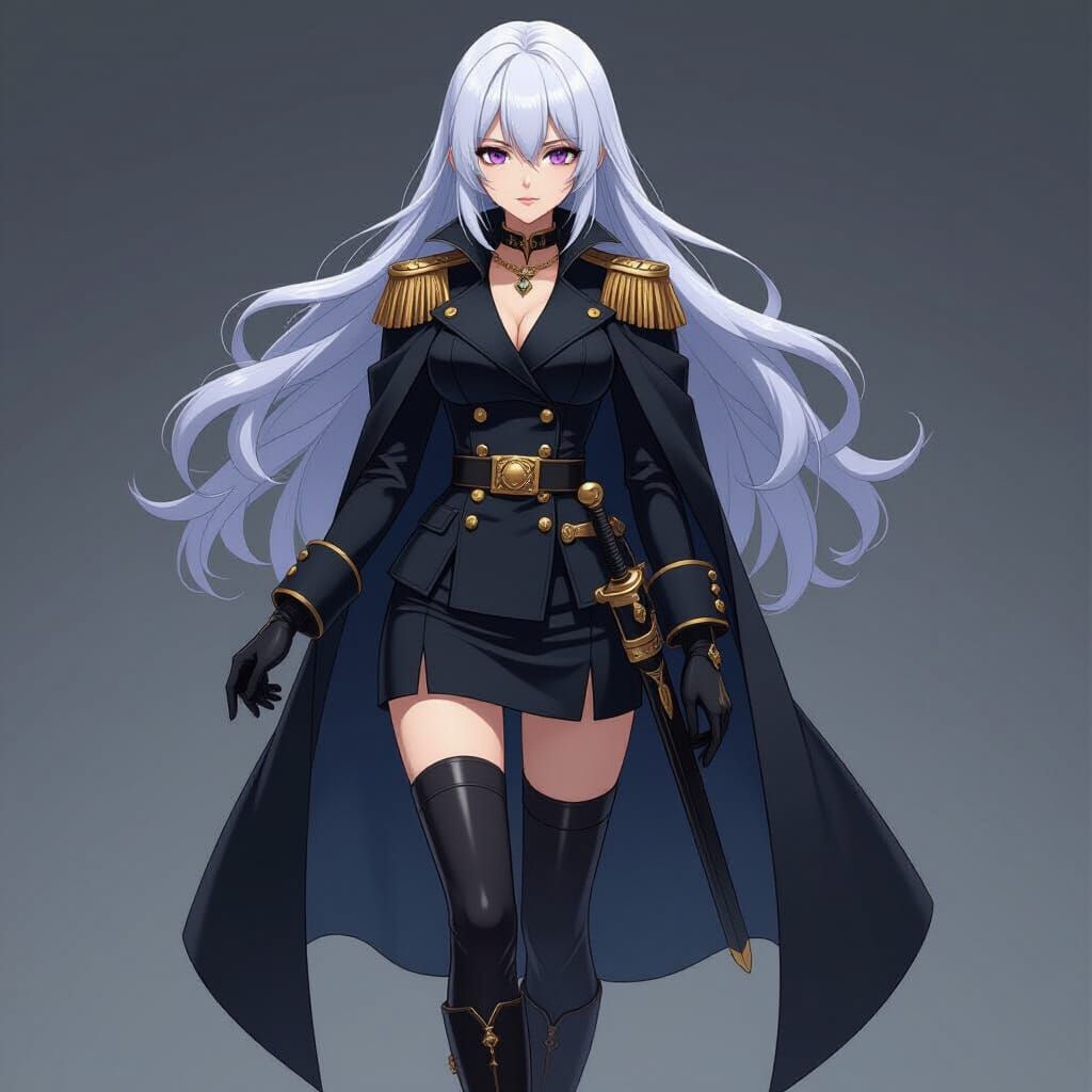Anime Female Admiral with White Hair and Purple Eyes