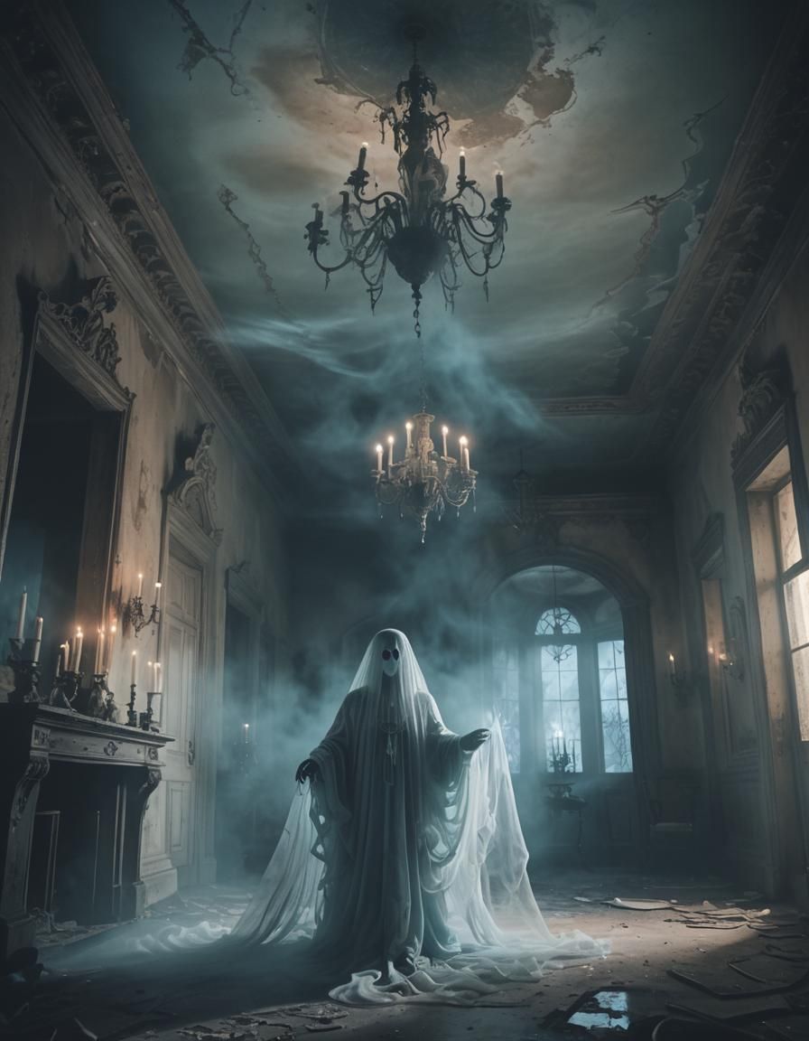Ethereal Ghost in Abandoned Mansion: Digital Art