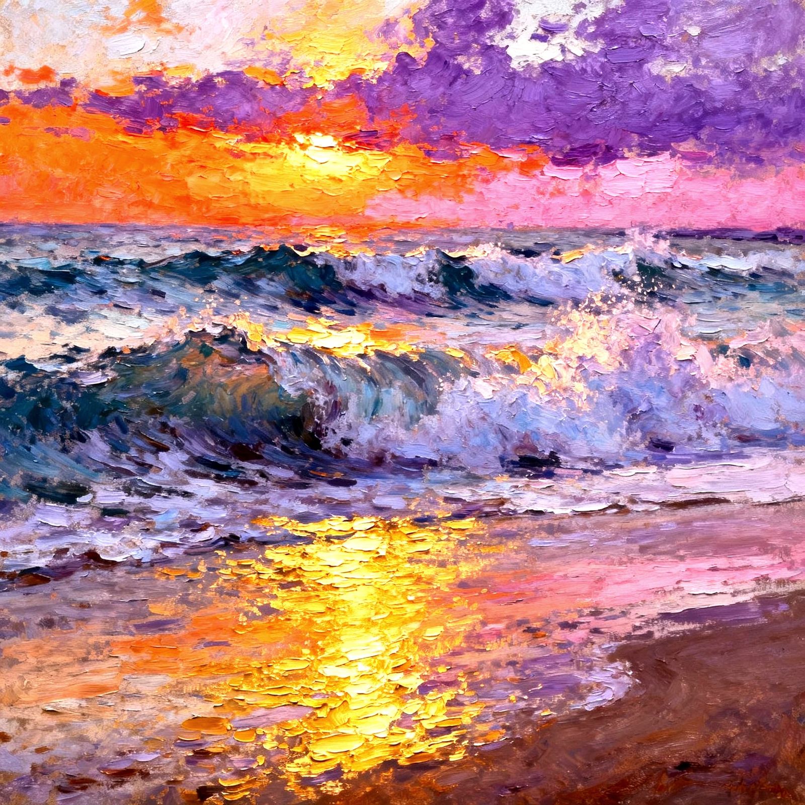 Dramatic Seascape: Crashing Waves Under Vibrant Sunset