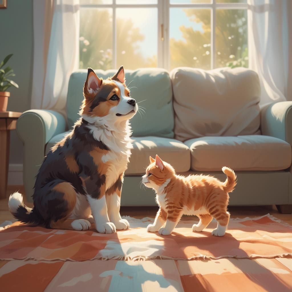 Adorable Puppy and Cat Play Together