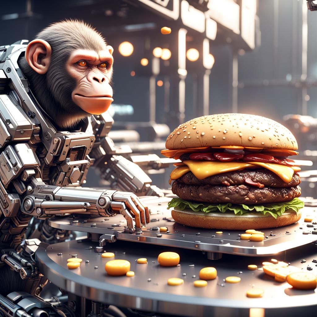 Cyborg Monkey Enjoying Cheeseburger: Sci-Fi Art