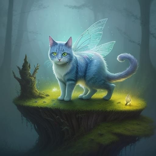 Winged Cat Portrait in Watercolor Fantasy Forest