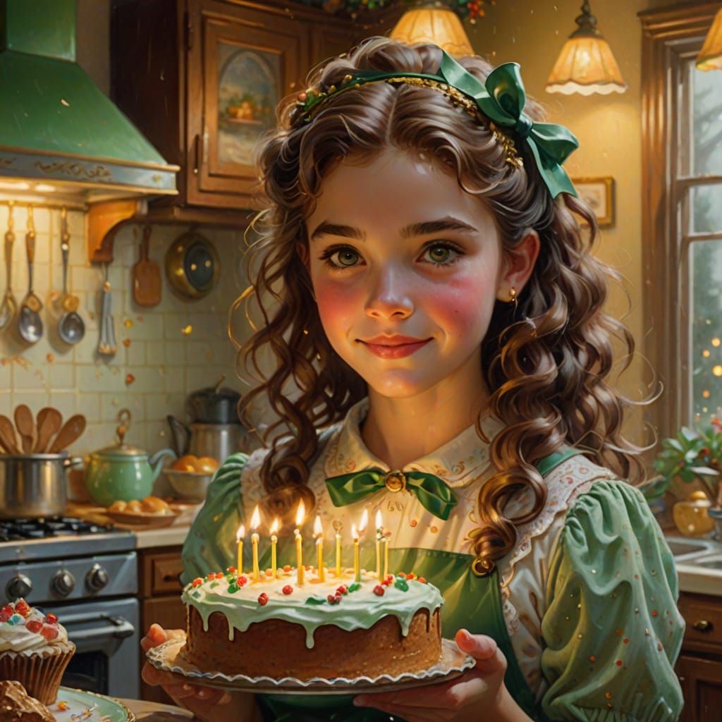 Girl with Cake in Cozy Kitchen as Oil Painting