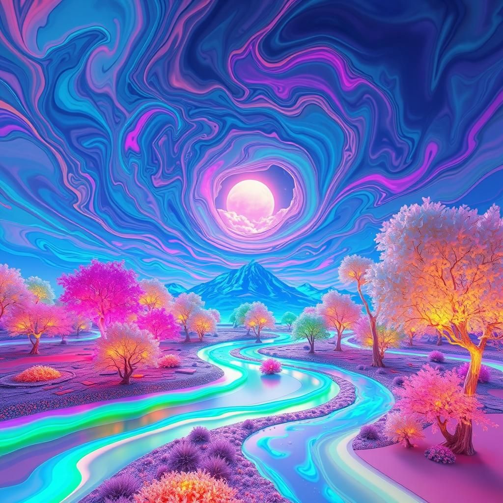 Surreal Landscape with Rainbow Rivers and Fractal Trees