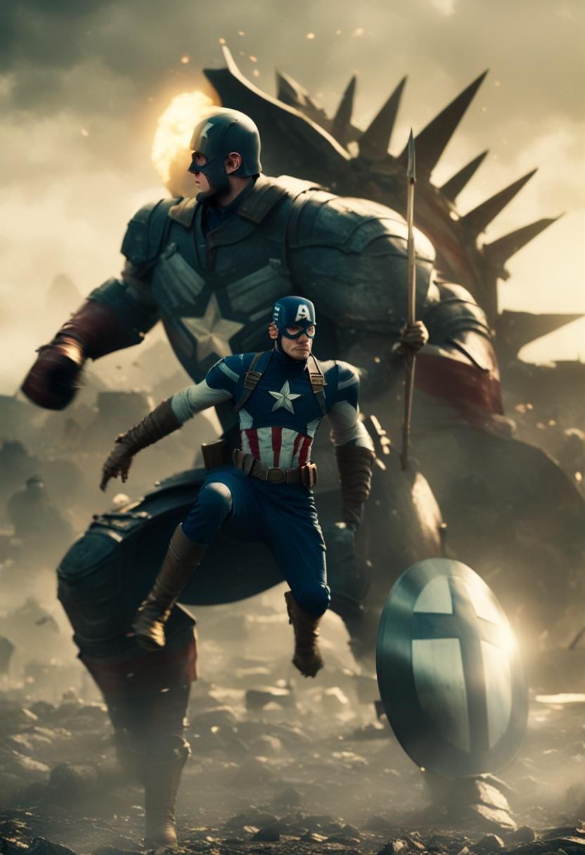 Captain America in Desolate Battlefield: Cinematic Film Stil...