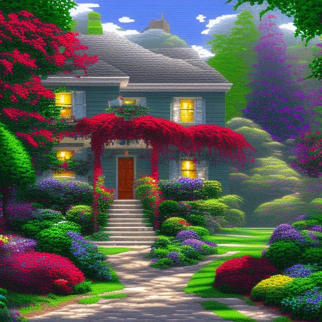 Ferns hanging from a white front porch pixel art contrasting colors Thomas Kinkade pixel art hyperdetailed intricately d...