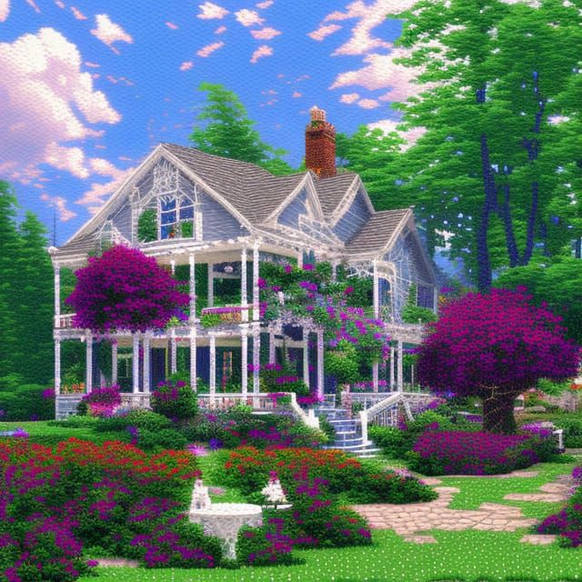 Ferns hanging from a white front porch pixel art contrasting colors Thomas Kinkade pixel art hyperdetailed intricately d...