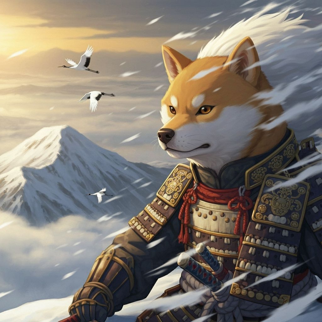 Shiba Inu Samurai on Snowy Mountain in Anime Style