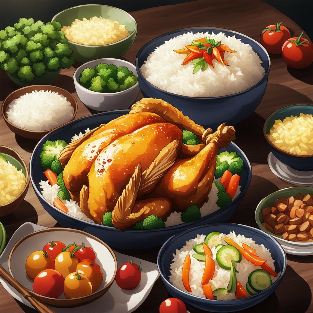 Baked Chicken with Rice in Anime Style