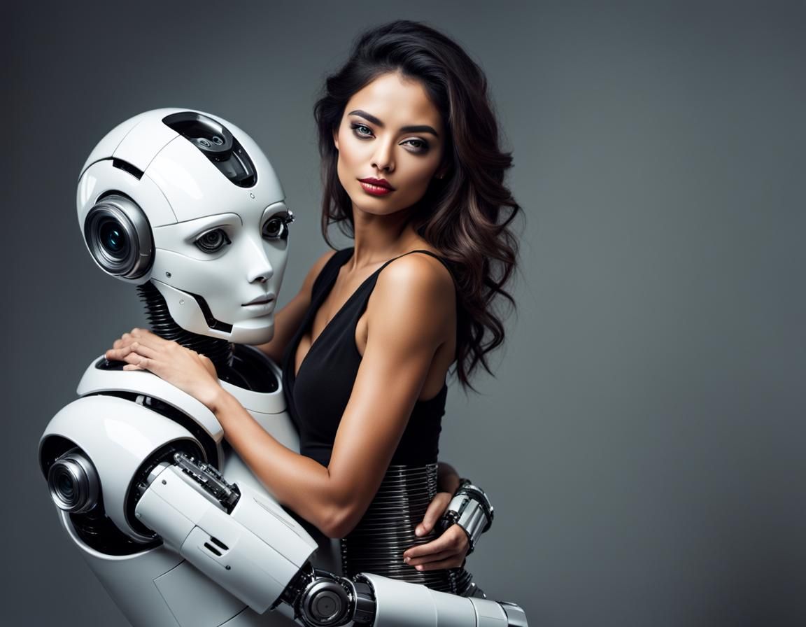 Girl and Robot in Harmonious Embrace