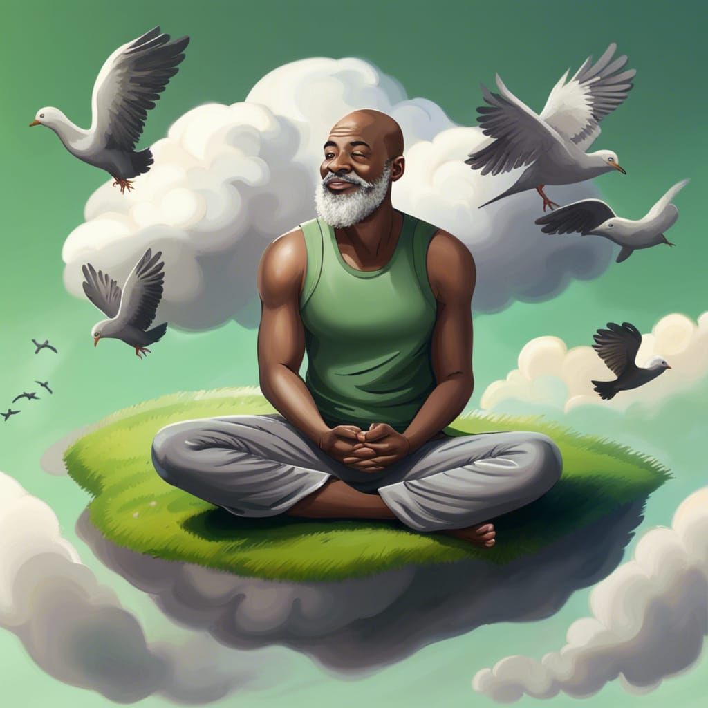 Meditating Man on Cloud in Peaceful Sky