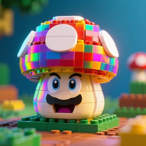 A crazy-eyed toadstool from Super Mario, made of Legos.