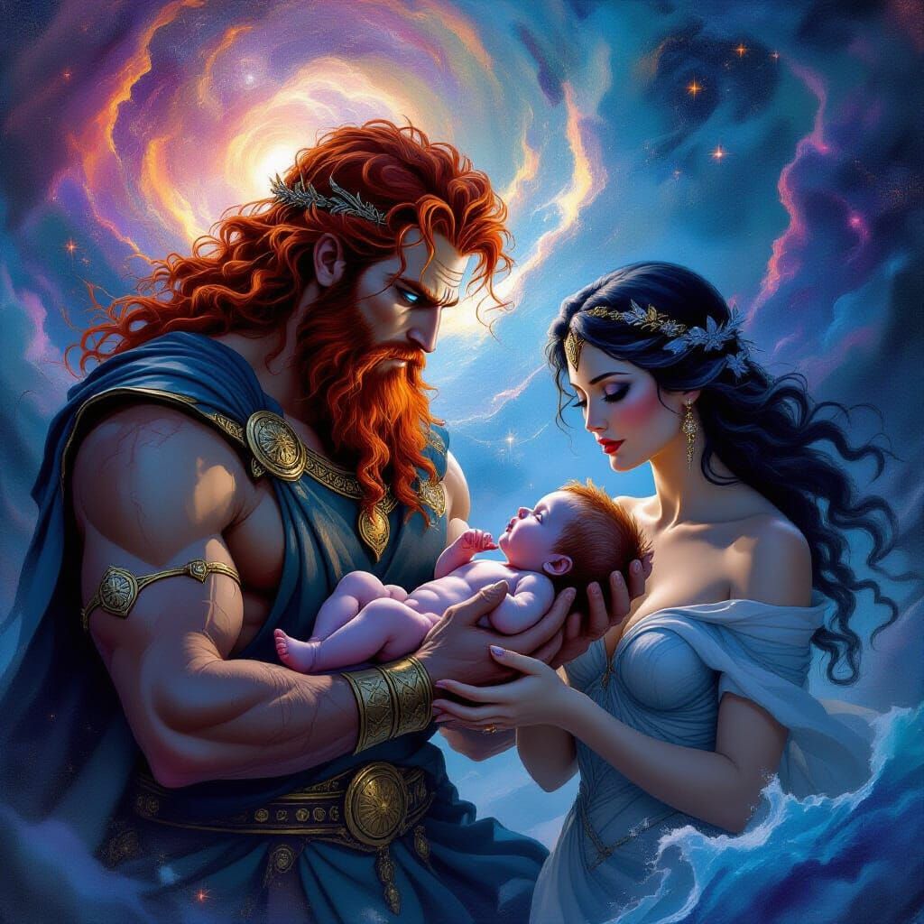 Kairos and Tethys Receive Infant Hephaestus in Cosmic Scene